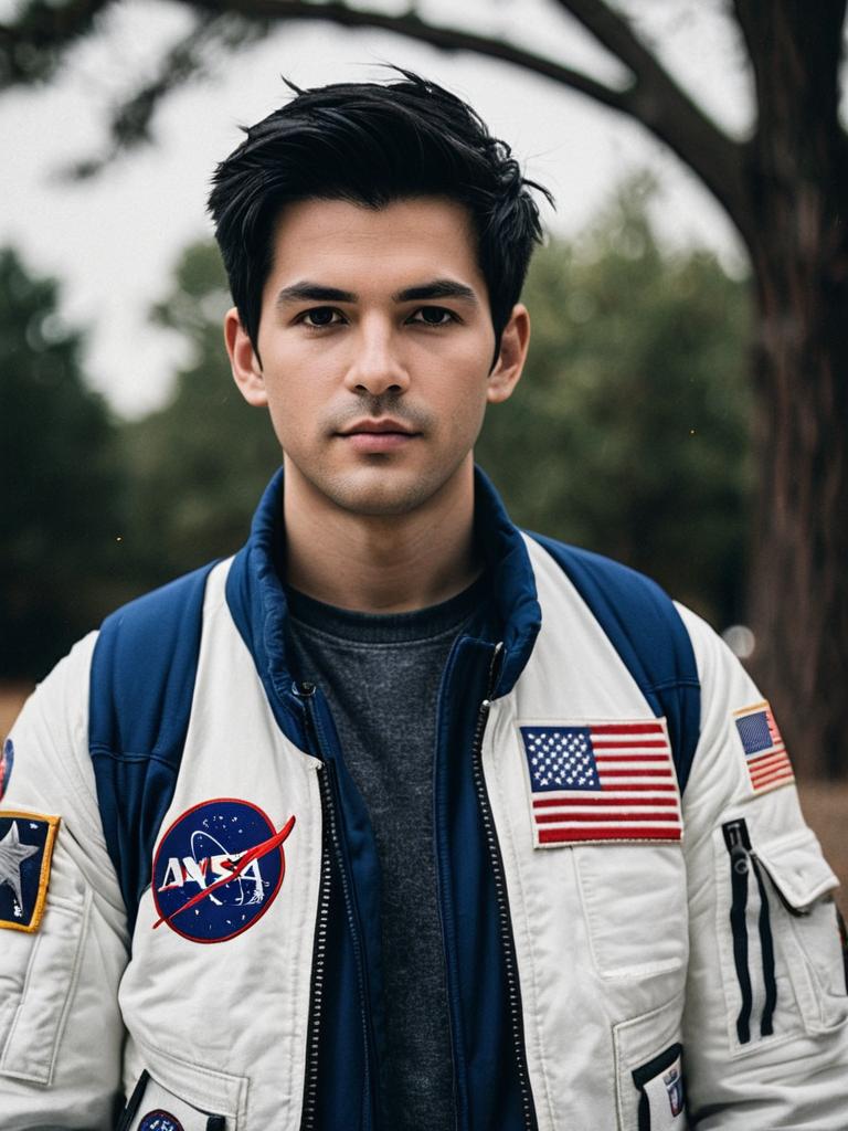 Young Man in Realistic NASA Space Costume with American Flag Patches