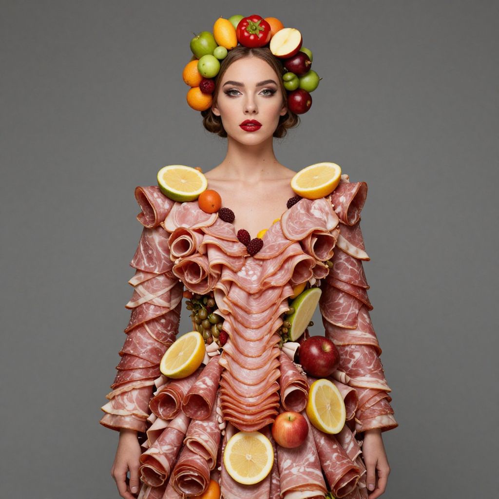 Avant-Garde Woman Wearing Dress Made of Deli Meats and Fresh Fruits with Fruit Crown