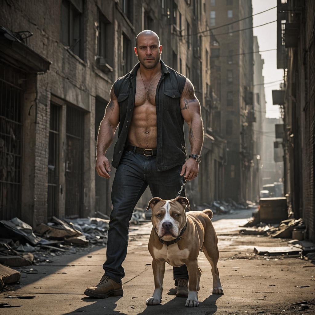 Muscular man with pitbull in urban alleyway