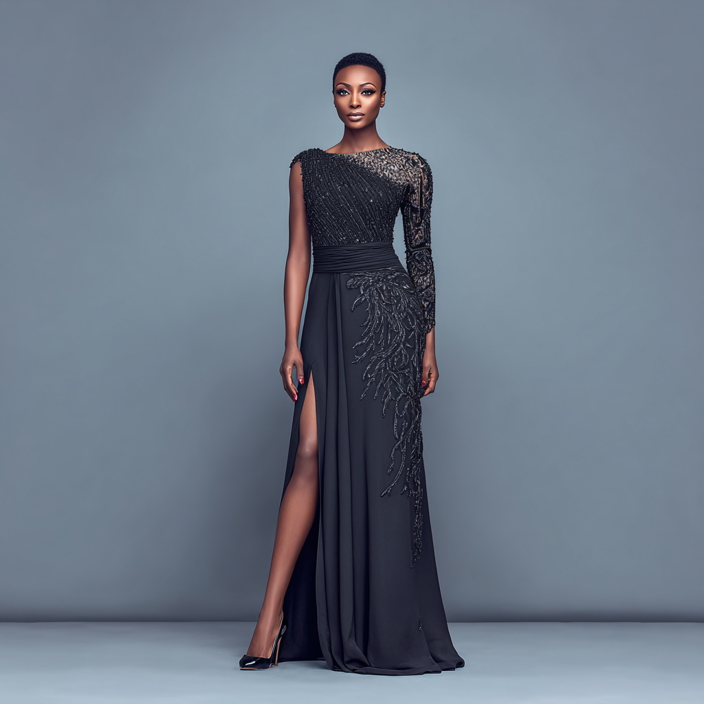 Confident Woman in Black Evening Gown with Beadwork Confident Woman in Black Evening Gown with Beadwork