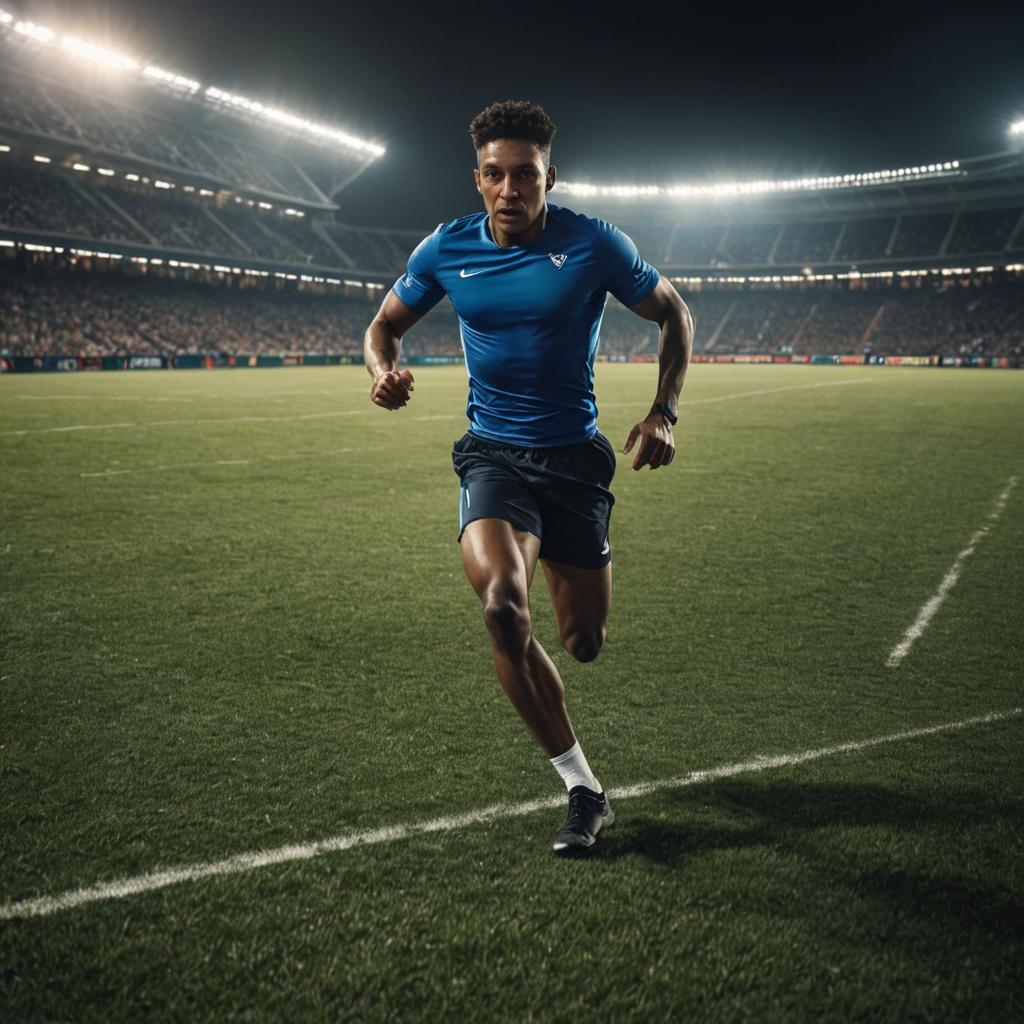 Athletic man sprinting on football field