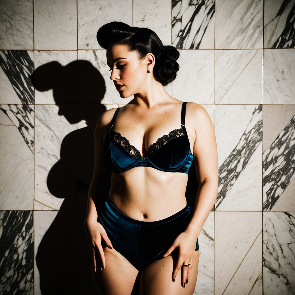 Elegant Woman in Blue Velvet Lingerie