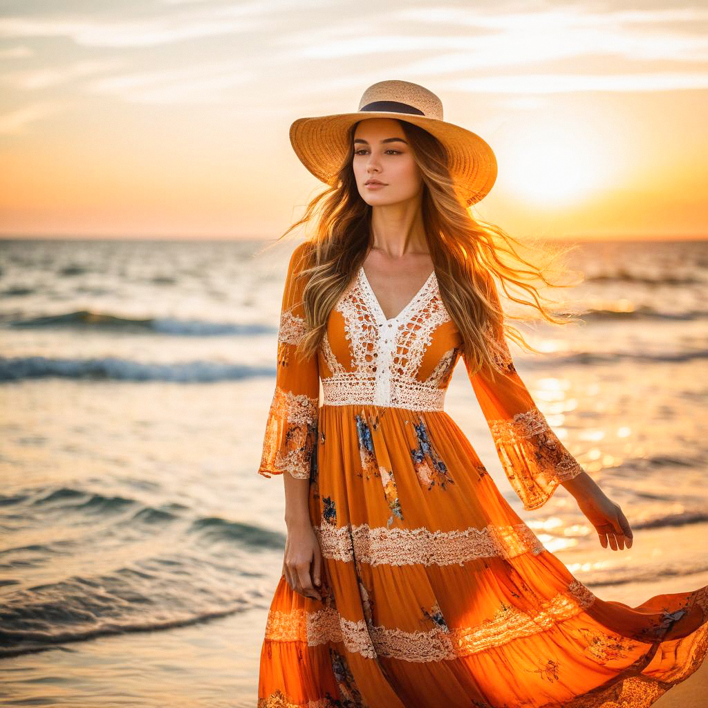 Woman in Orange Floral Dress by the Sea at Sunset