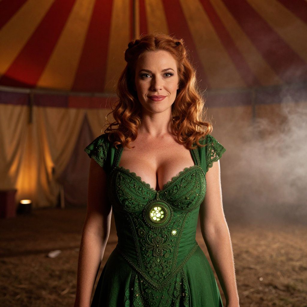 Red Haired Woman in Green Steampunk Corset Dress Inside Vintage Circus Tent