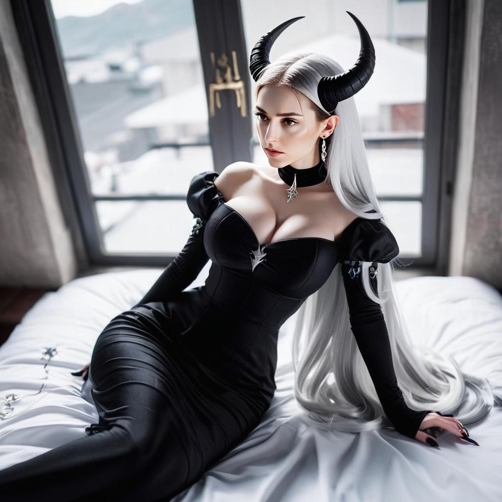 Gothic Fantasy Woman with Black Horns in Elegant Black Dress