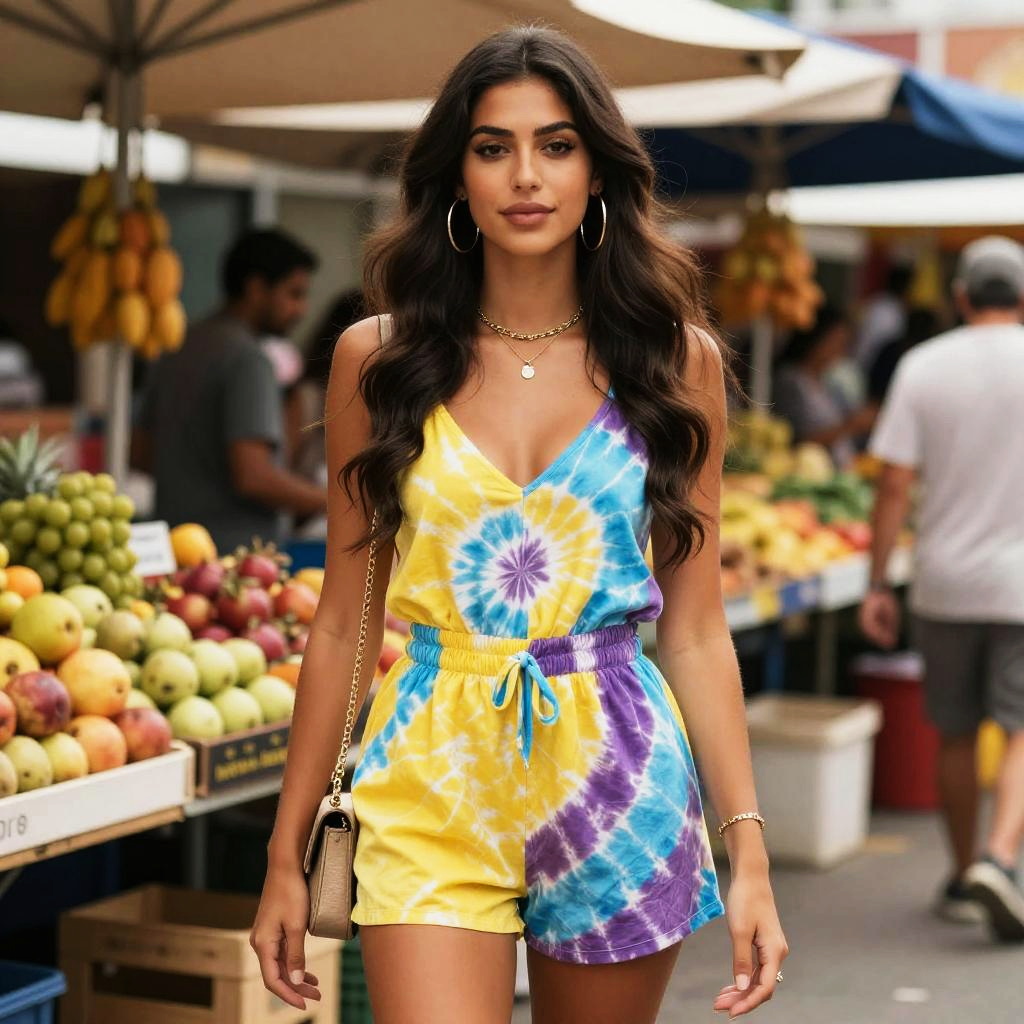 Trendy Woman Wearing Tie-Dye Romper at Outdoor Market