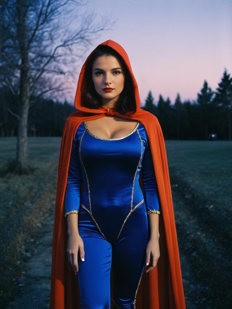 Woman in Blue Superhero Costume with Red Cape at Twilight Outdoor Portrait