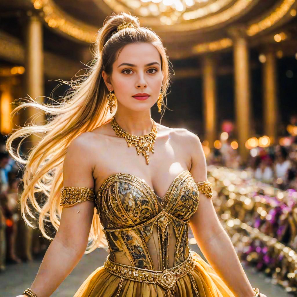 Woman in Gold Corset Dress in Opulent Hall