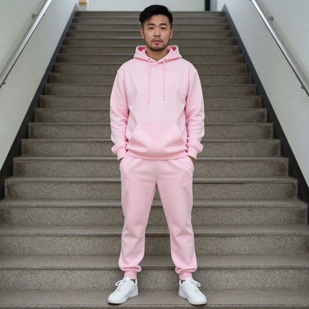 Man in Pastel Pink Hoodie and Sweatpants on Staircase