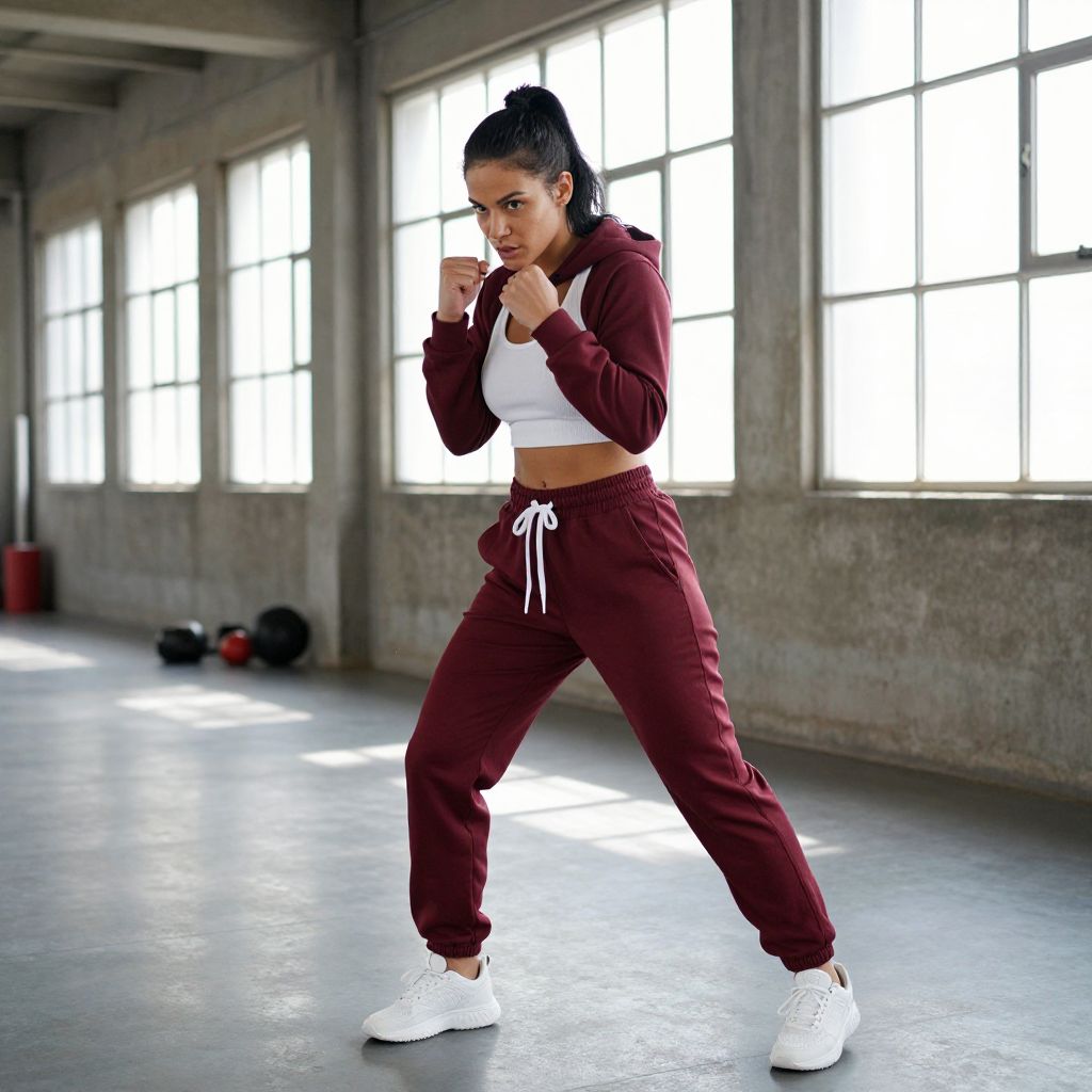 Woman Boxing Workout in Maroon Tracksuit in Industrial Gym