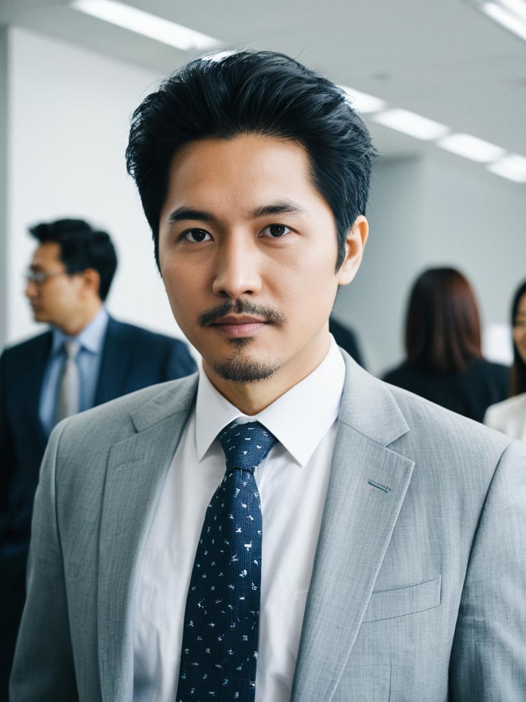 Professional Asian Businessman in Light Gray Suit with Blue Tie in Modern Office