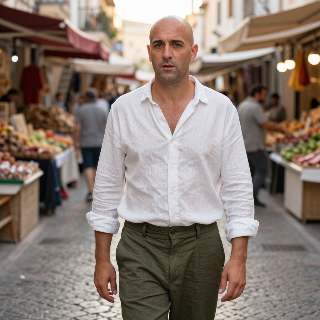 Bald Man Walking Through Outdoor Market Street in Casual Linen Shirt