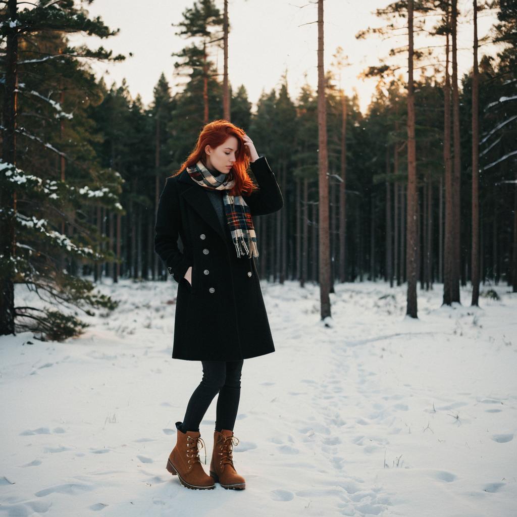 Woman in snowy forest at sunset
