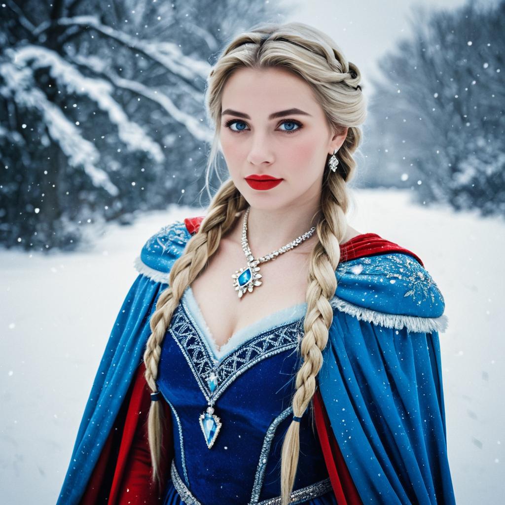 Young Woman in Snowy Forest Wearing Blue and Red Cloak Young Woman in Snowy Forest Wearing Blue and Red Cloak