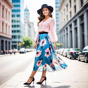 Stylish woman in blue floral skirt and pink blouse walking in the city