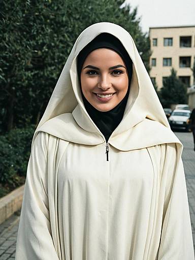 Woman Wearing Ivory Abaya Style Suit with Hood Outdoors