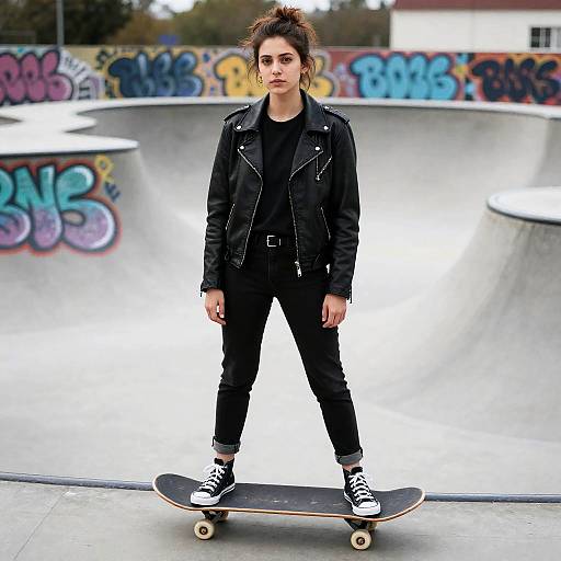Gen Z Woman in Black Leather Jacket Standing on Skateboard at Graffiti Skate Park