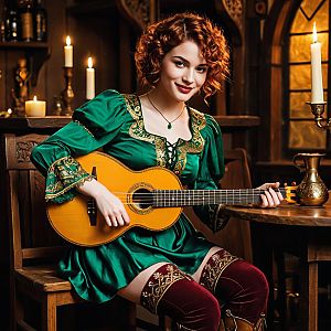 Medieval Style Woman Playing Guitar in Candlelit Tavern