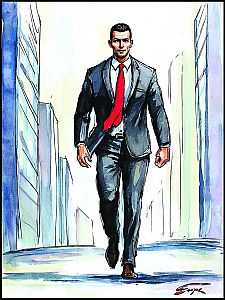 Confident Man in Suit with Red Tie in Urban Watercolor