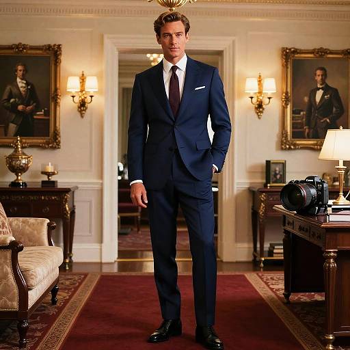 Elegant Man in Navy Suit Standing in Classic Luxury Room