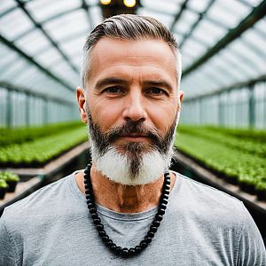 Mature Man in Greenhouse with Gray Beard