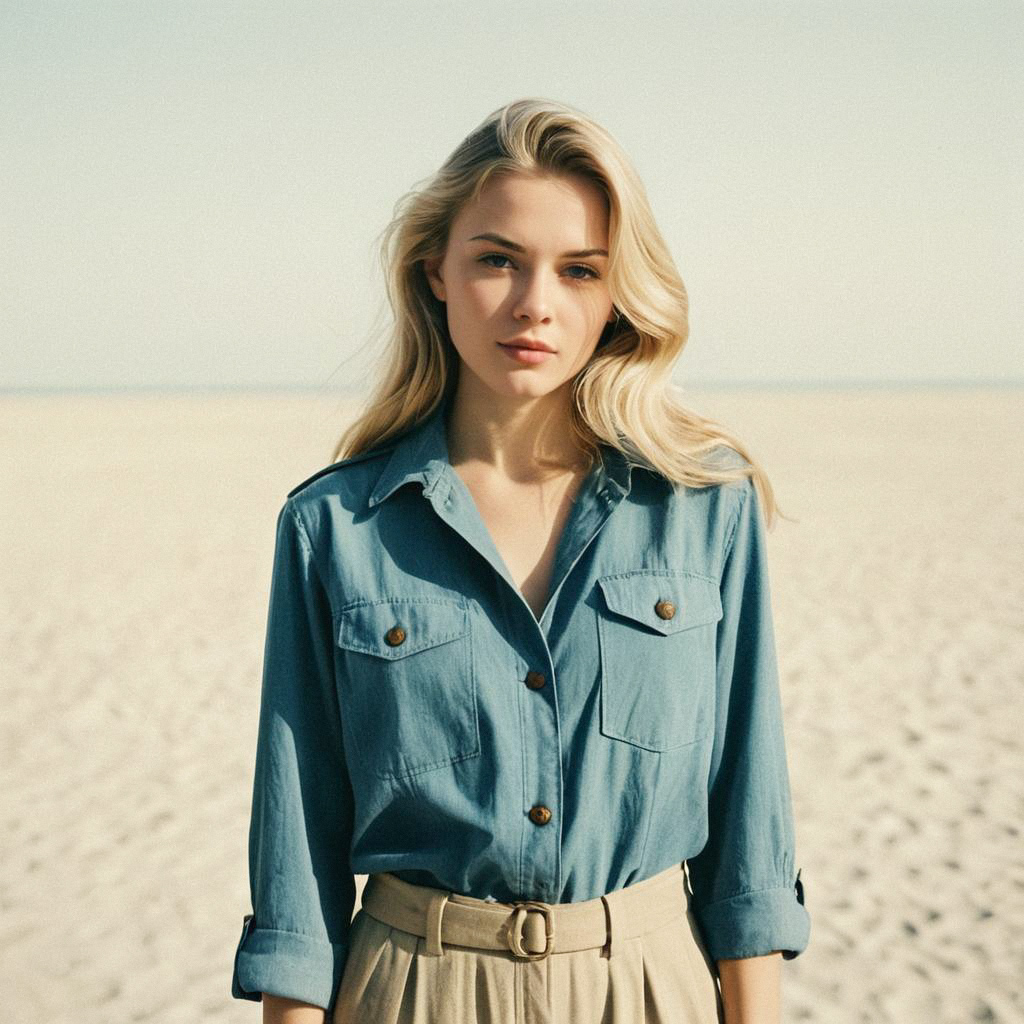 Young Woman on Beach in Blue Shirt Young Woman on Beach in Blue Shirt