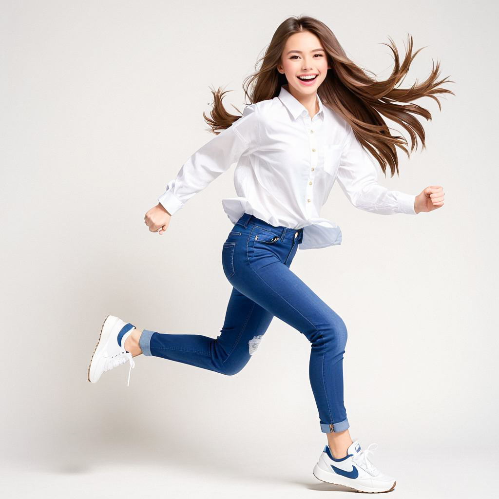 Joyful Woman Jumping in White Shirt and Jeans