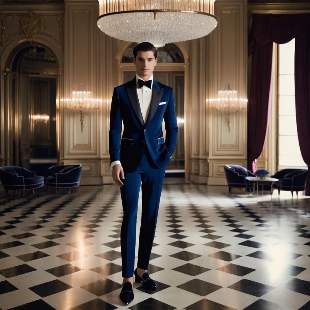 Stylish Man in Blue Tuxedo at Opulent Ballroom