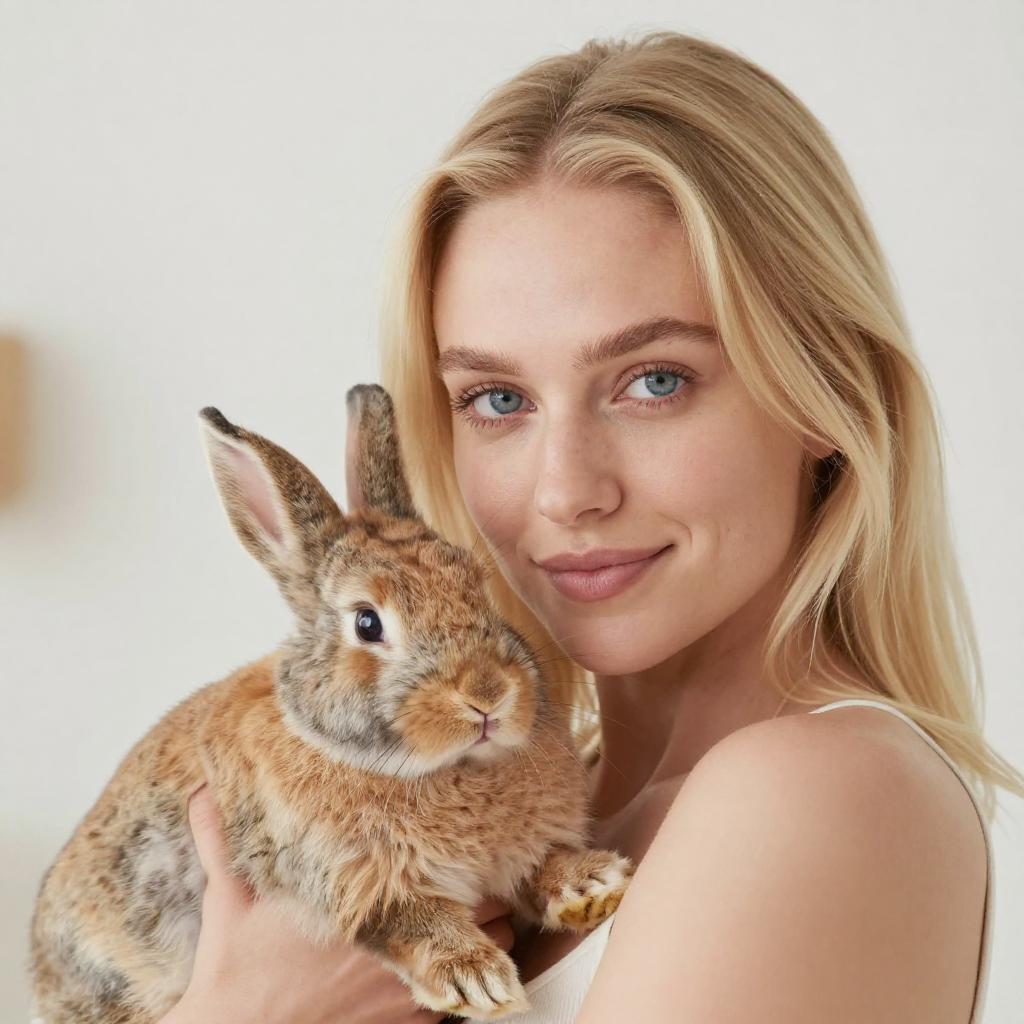 Young Blonde Woman Holding Brown Rabbit with Joy