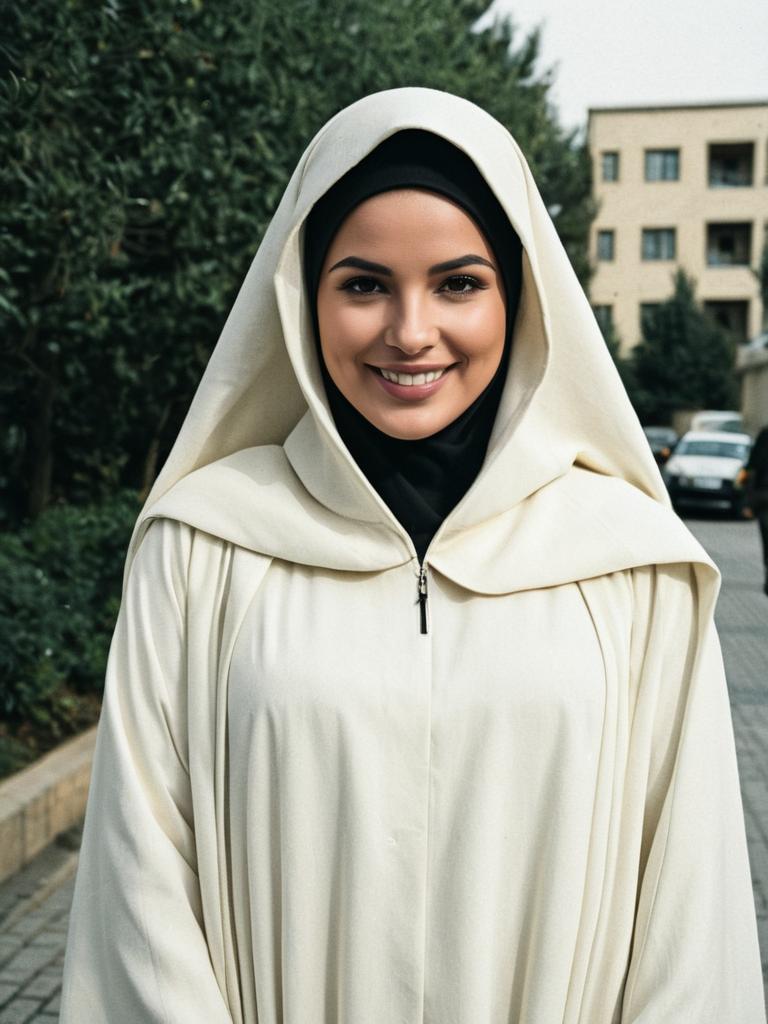 Woman Wearing Ivory Abaya Style Suit with Hood Outdoors