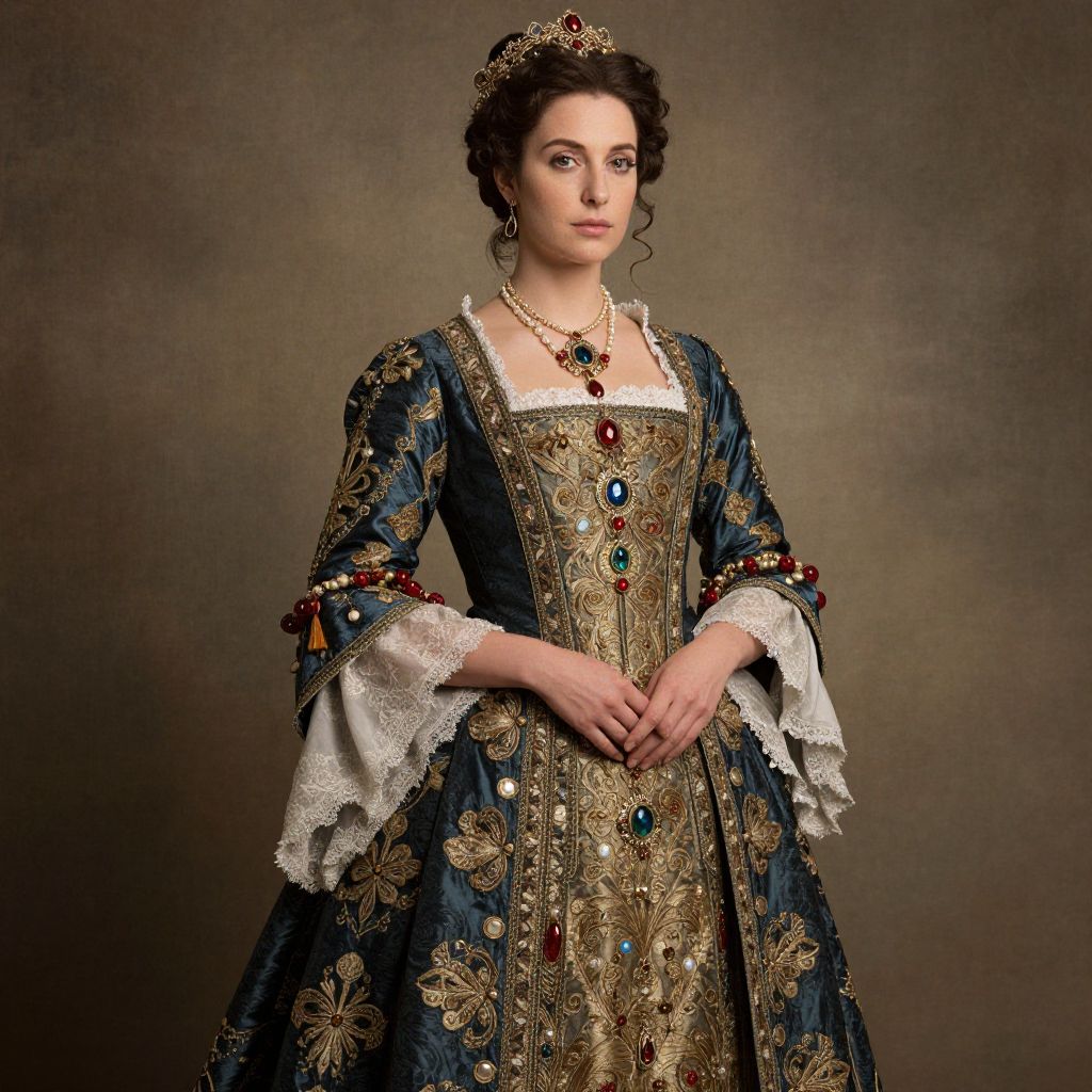 Renaissance Style Woman in Ornate Jewel-Embellished Gown