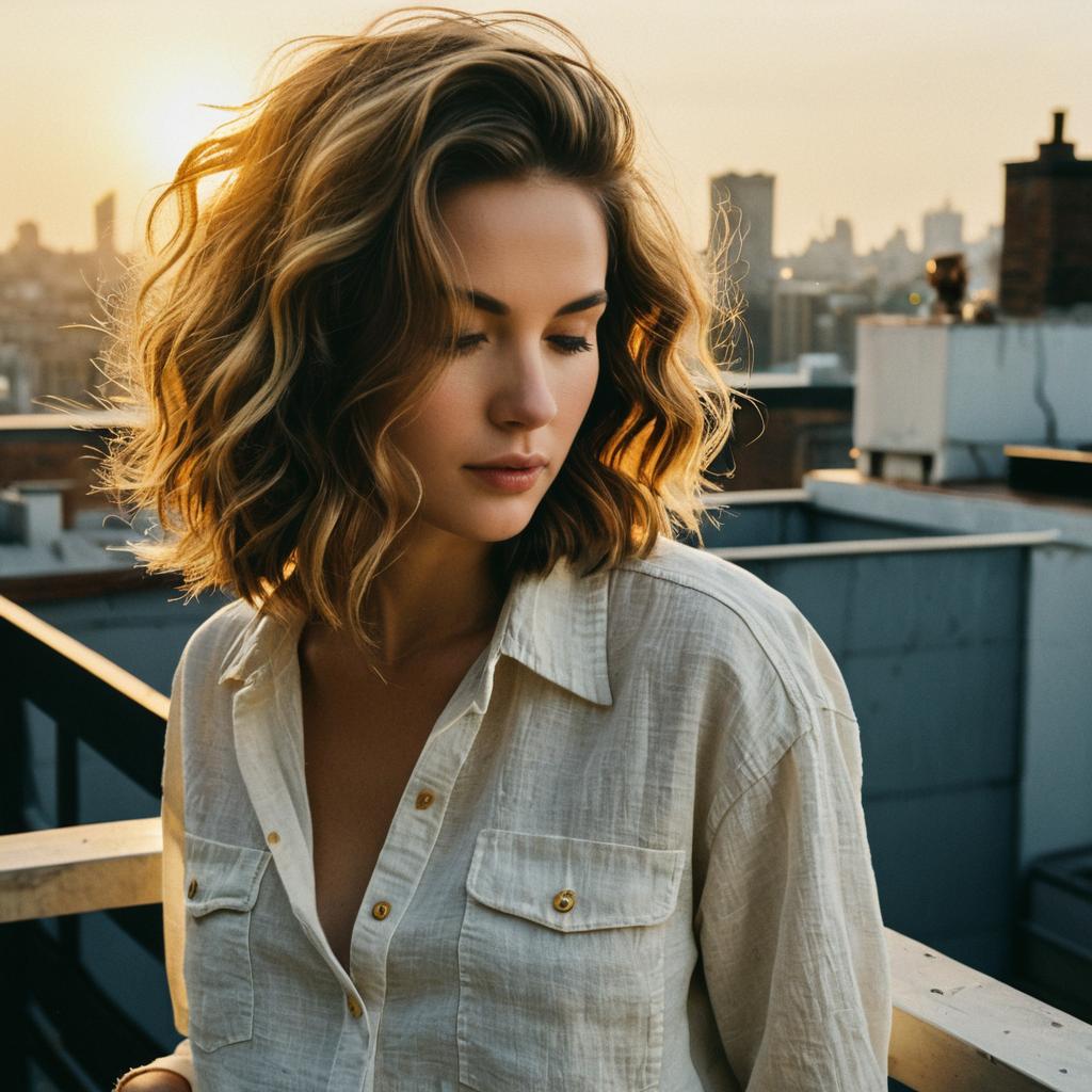 Young Woman with Wavy Blonde Hair on Rooftop during Golden Hour
