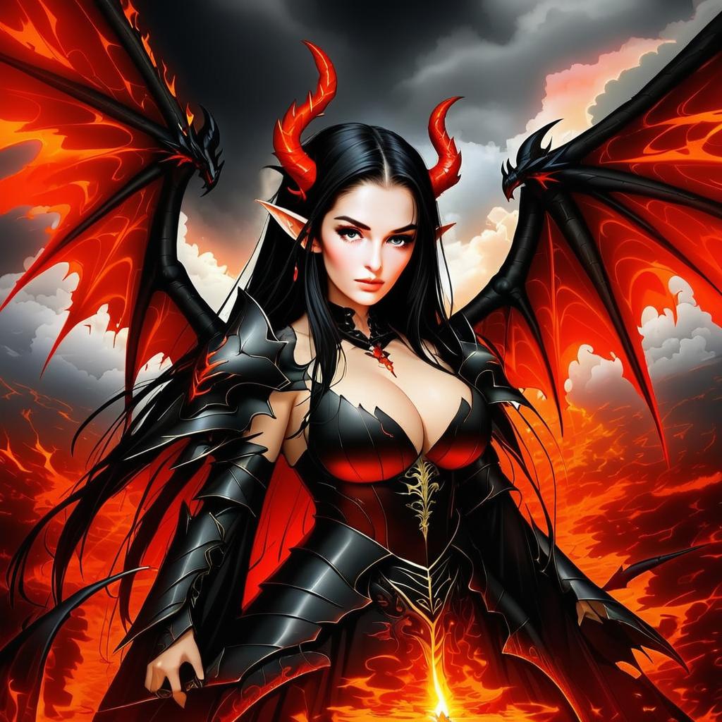Dark Fantasy Warrior Woman with Dragon Wings and Horns