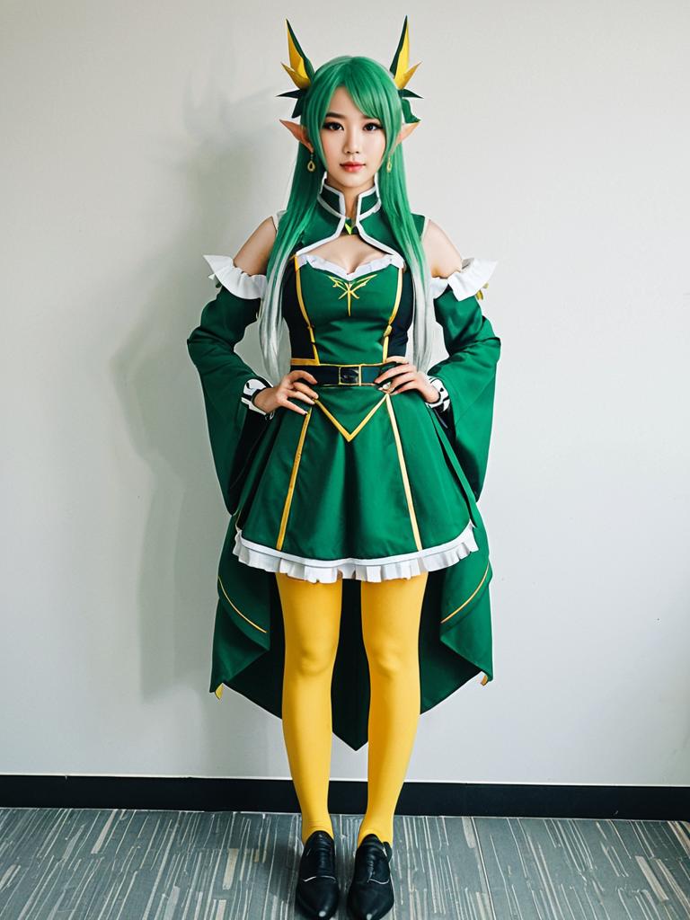 Hanabatake Chaika Cosplay Woman in Green Fantasy Outfit with Elf Ears