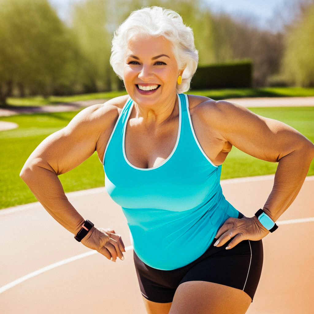 Energetic Older Woman in Athletic Field