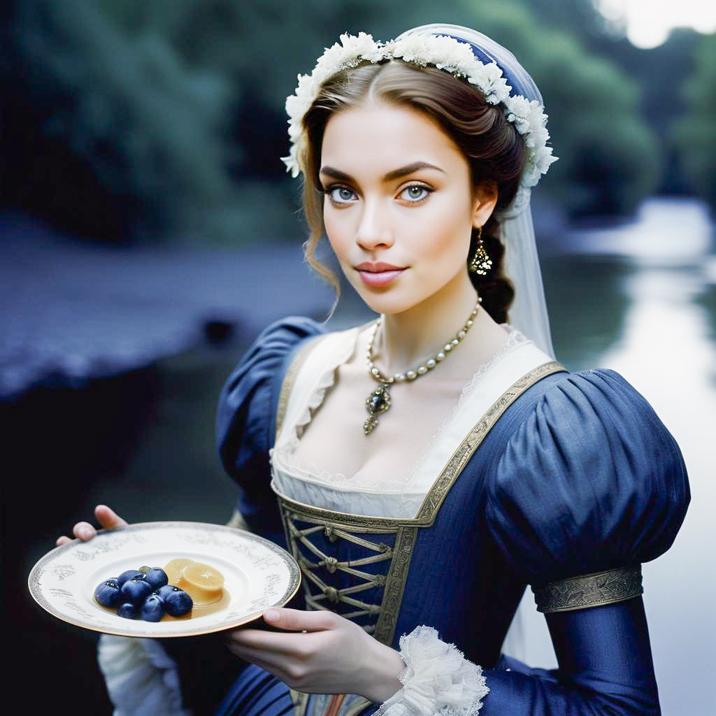 Elegant Woman in Renaissance Gown with Blueberries