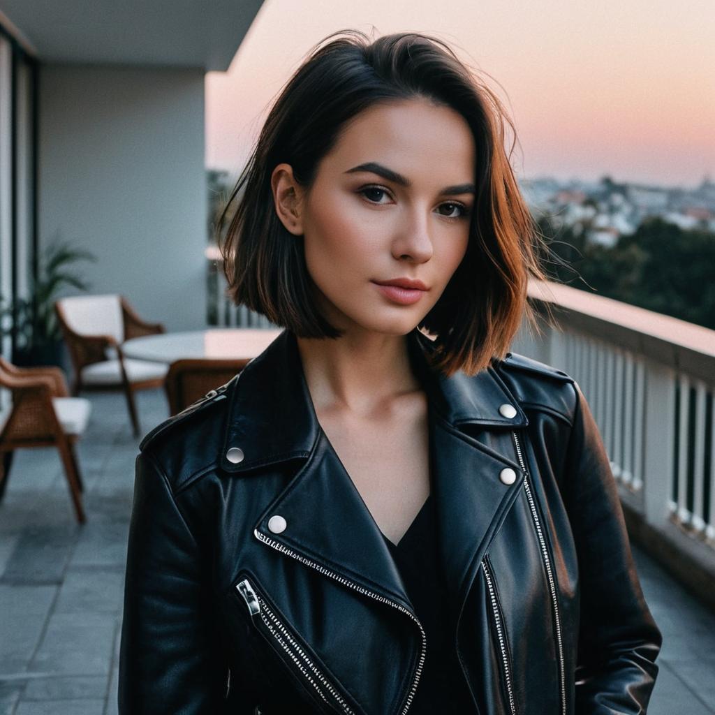 Confident Young Woman Wearing Black Leather Jacket on Balcony at Sunset