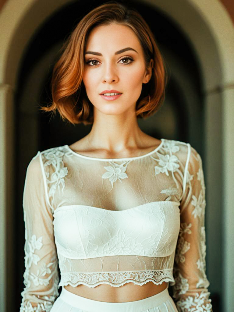 Elegant Woman in White Lace Outfit