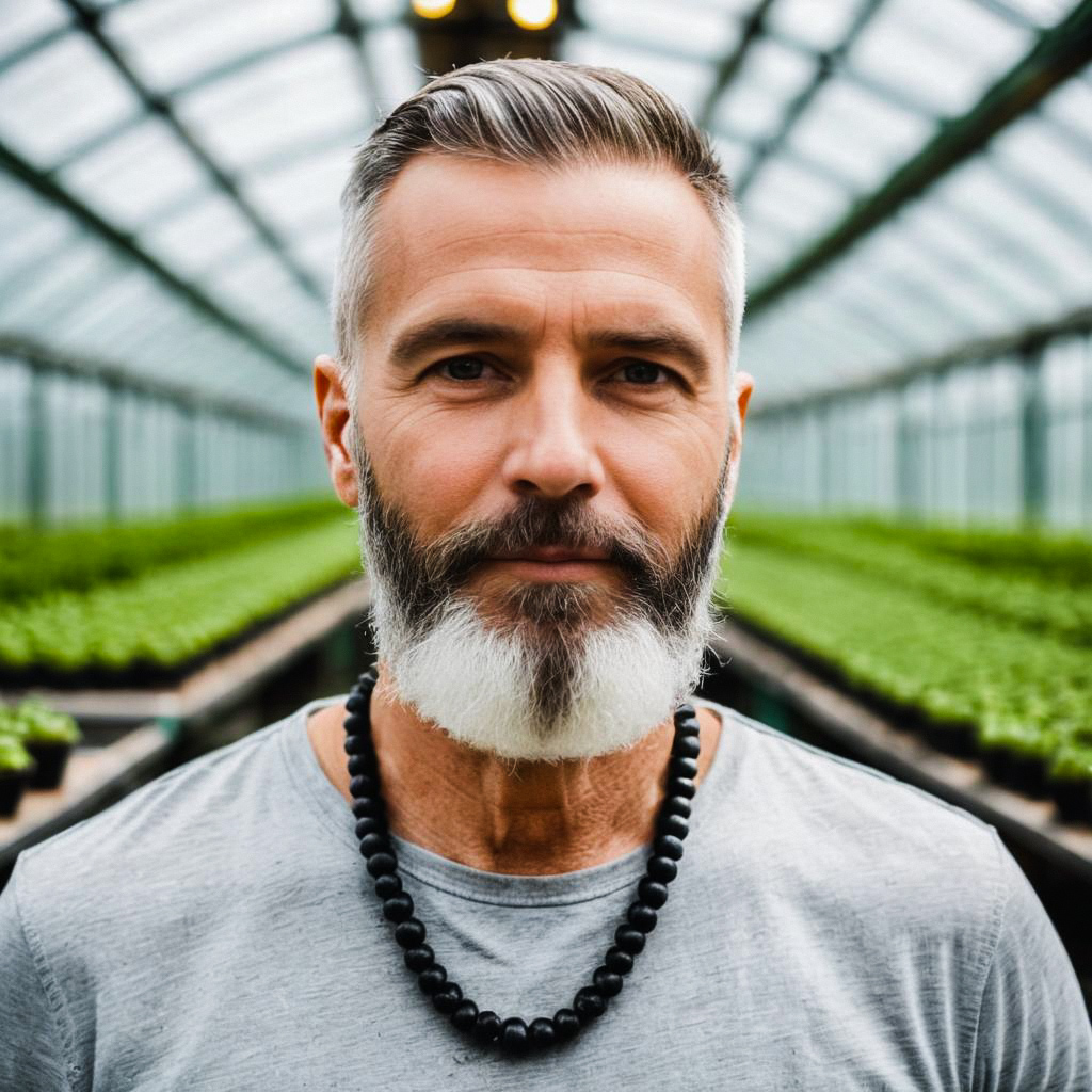 Mature Man in Greenhouse with Gray Beard