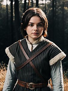 Realistic Arya Stark Cosplay Woman in Medieval Costume Outdoors