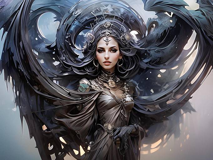Fantasy Portrait of Woman in Elaborate Gothic Attire with Swirling Dark Elements