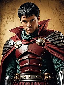 Realistic Guts Cosplay Man Wearing Detailed Armor and Red Cape