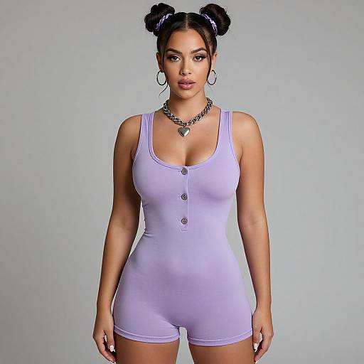 Stylish Woman in Lavender Romper with Double Buns Hairstyle