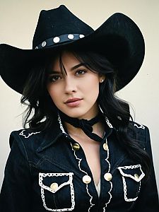 Woman in Black Cowgirl Costume with Lace Trim Denim Jacket and Hat