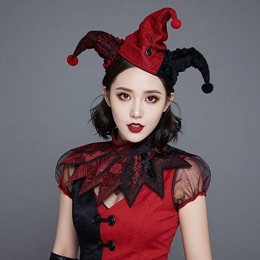 Woman Wearing Red and Black Jester Costume with Dramatic Makeup