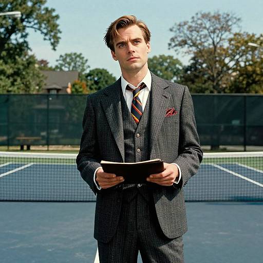 Young Man in Vintage Pinstripe Suit on Tennis Court