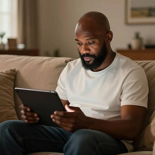 Man Using Tablet on Couch in Cozy Living Room