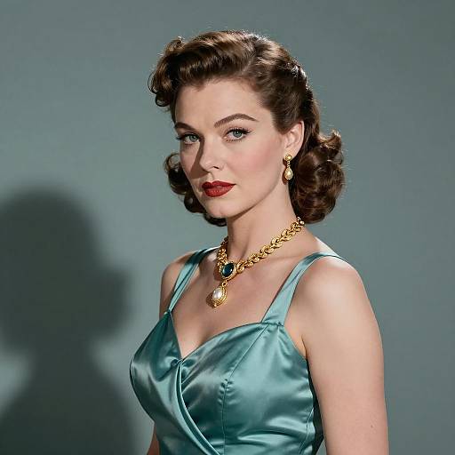 Vintage 1940s Style Woman in Satin Dress with Gold Pearl Jewelry