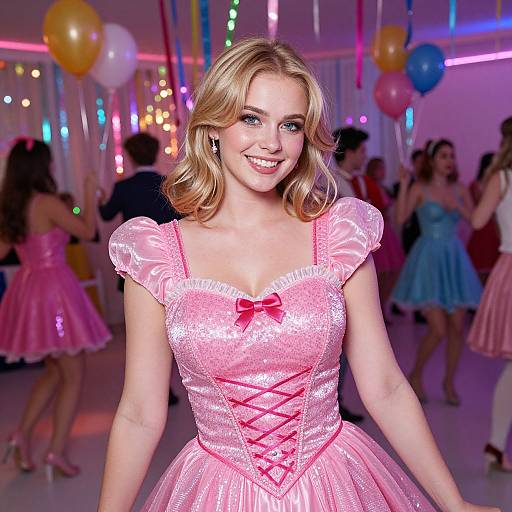 Young Woman in Sparkling Pink Princess Dress at Retro Party with Balloons