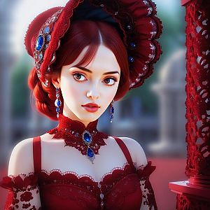 Young Woman in Red Lace Gown with Blue Gemstones